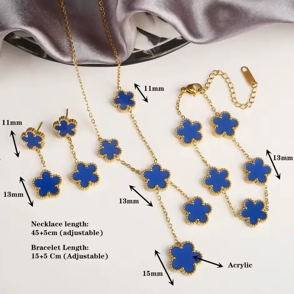 Alhambra Luck Four Clover Gold Blue Flower Stainless Steel Drop Earrings